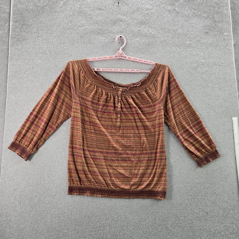 Lauren Ralph Women Blouse L Brown Striped Button Scoop Neck Pullover
